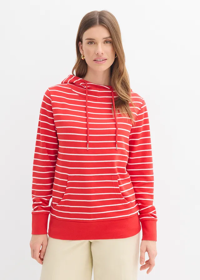Sweat à capuche en coton mélangé, Couleur: fraise/blanc rayé