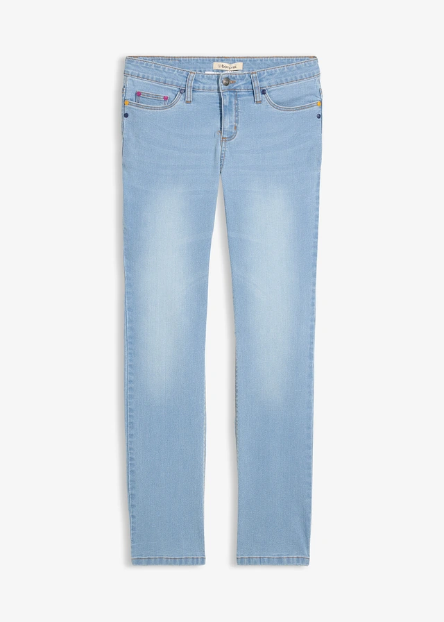 Jean droit taille mi-haute, extensible, Couleur: bleu clair denim used