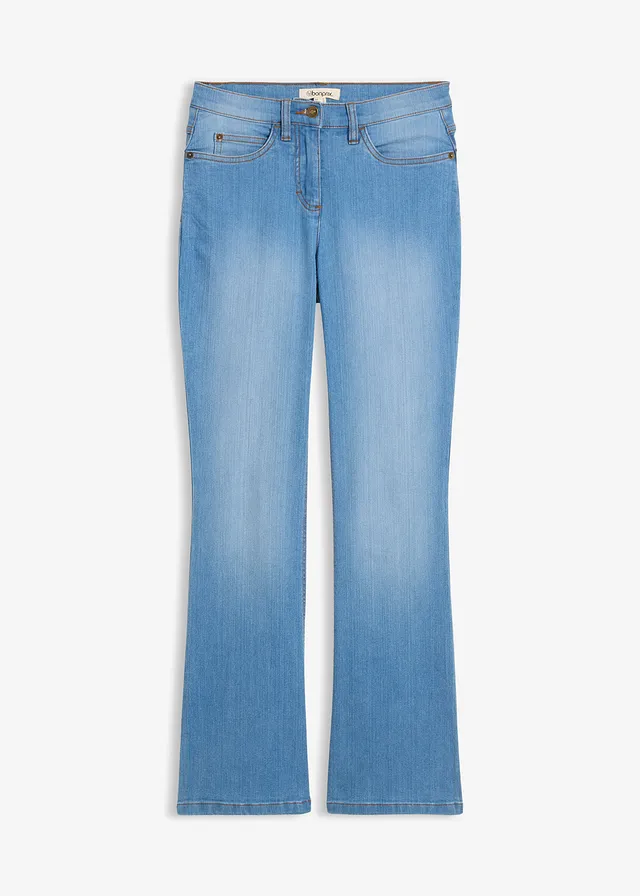 Dżinsy ze stretchem o kroju bootcut, mid waist • jasnoniebieski denim "used" • sklep bonprix