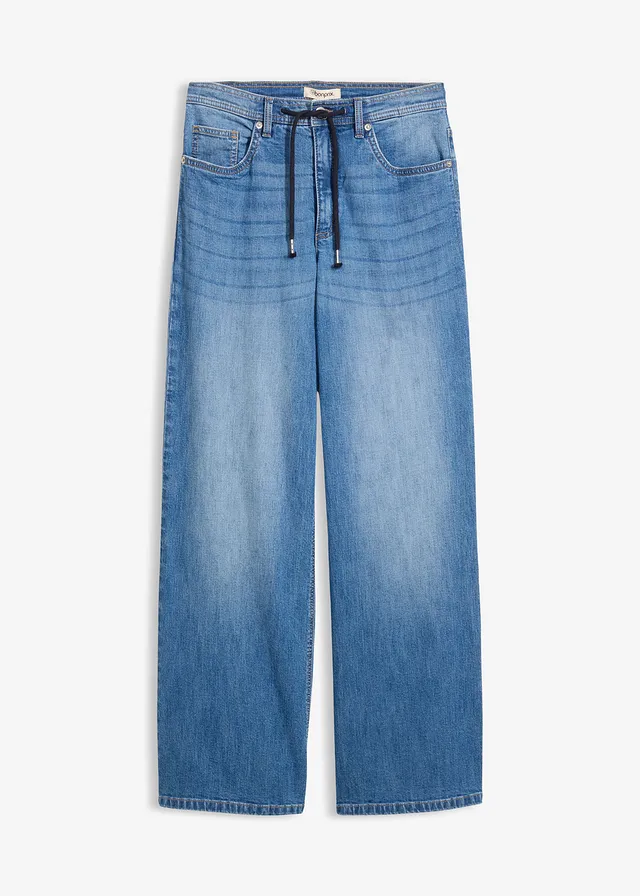 Jean droit loose, taille haute, Couleur: bleu moyen denim used