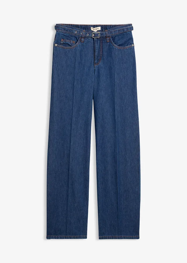 Loose straight jeans, mid waist van katoen, Kleur: diepblauw denim ongewassen