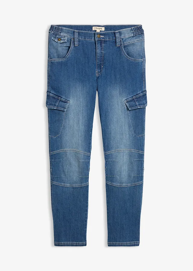 Jean cargo regular, droit et léger avec taille élastiquée, Couleur: bleu denim used