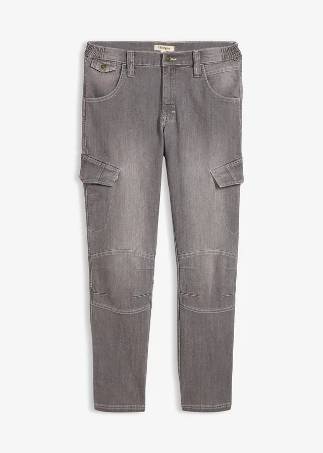 Vékony Regular Fit cargo farmer kényelmes derékpánttal, Straight • szürke denim, használt hatású • bonprix áruház