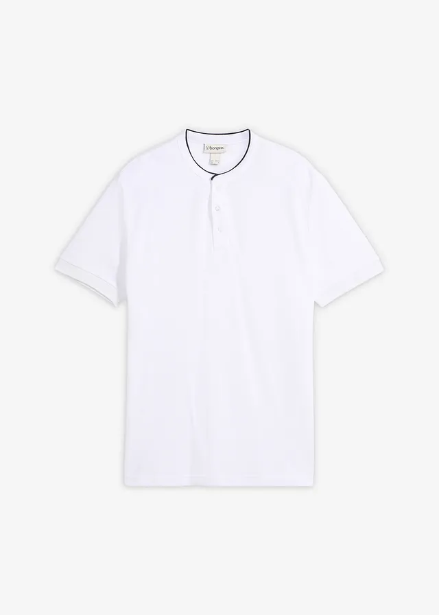Polo en maille piquée 100% coton à col montant, Couleur: blanc