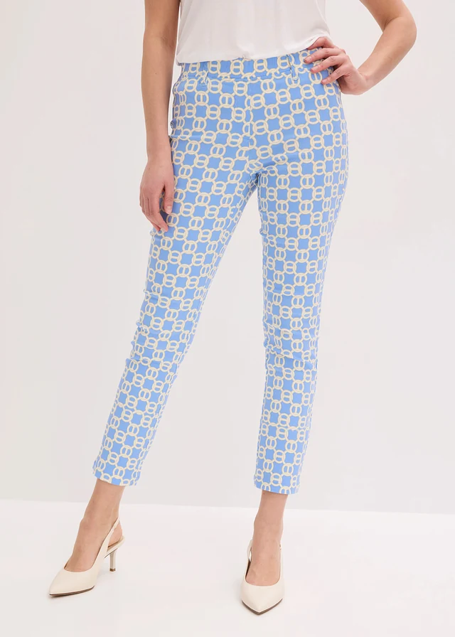 Pantalon 7/8 en bengaline extensible, Couleur: bleu moyen-beige naturel graphique