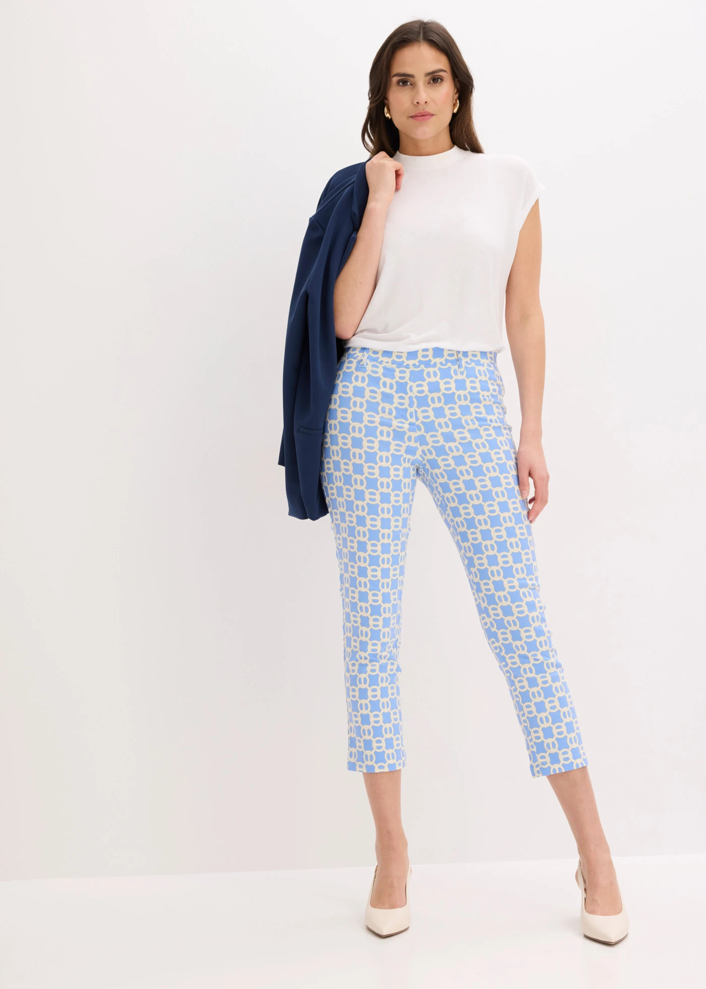 7/8 stretchbroek van bengaline • middenblauw/ecrubeige met grafische print • bonprix online shop