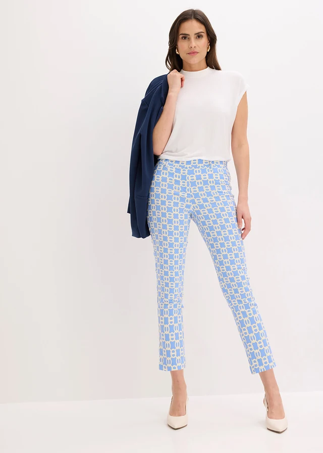 Pantalon 7/8 en bengaline extensible, Couleur: bleu moyen-beige naturel graphique
