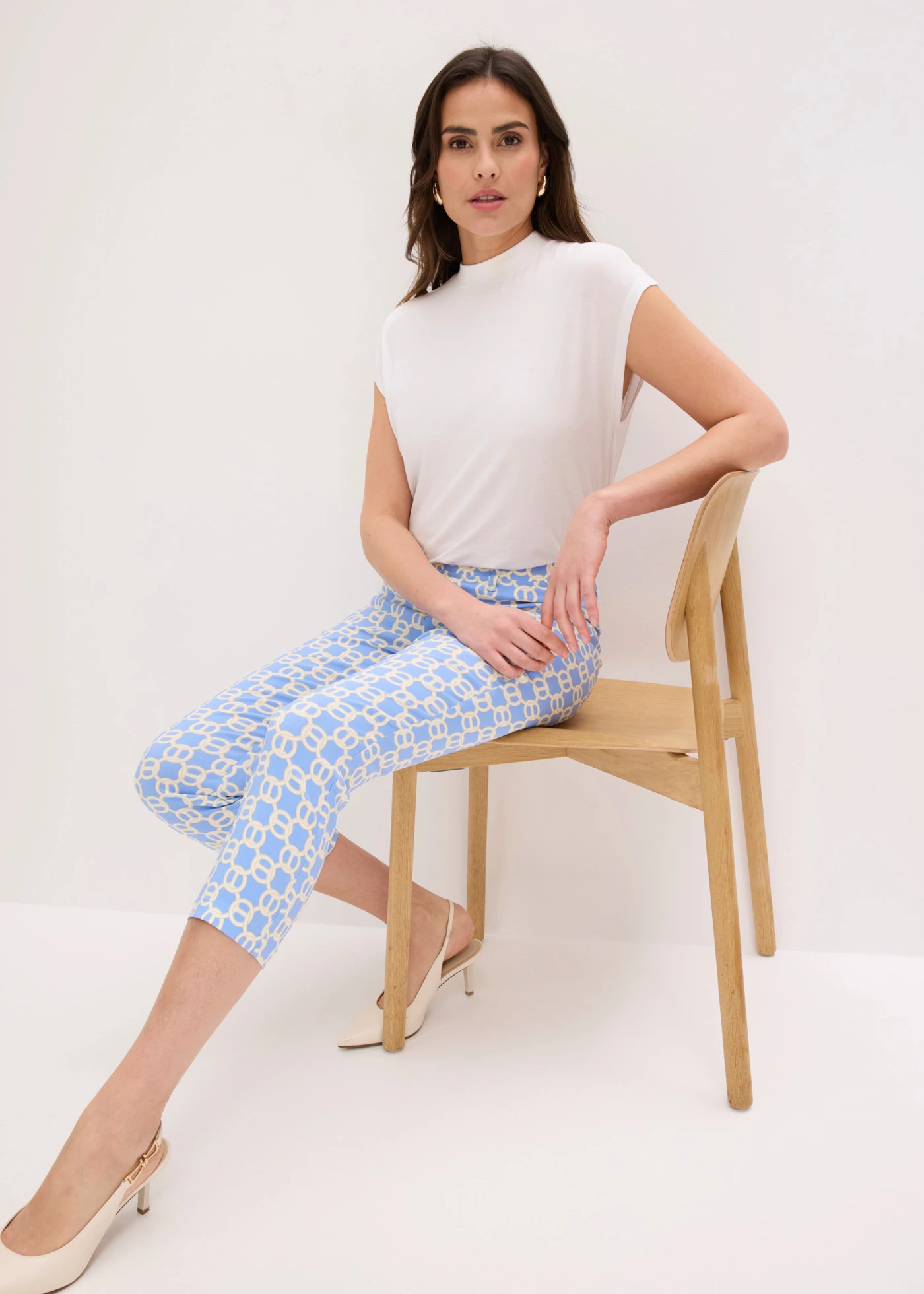 7/8 stretchbroek van bengaline • middenblauw/ecrubeige met grafische print • bonprix online shop