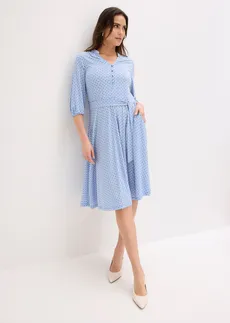 Sukienka z dżerseju z wiązanym paskiem (2 części), kolor: niebieski-biel wełny z nadrukiem