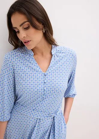 Jersey shirtjurk met ceintuur (2-dlg. set) • middenblauw/wolwit gedessineerd • bonprix online shop