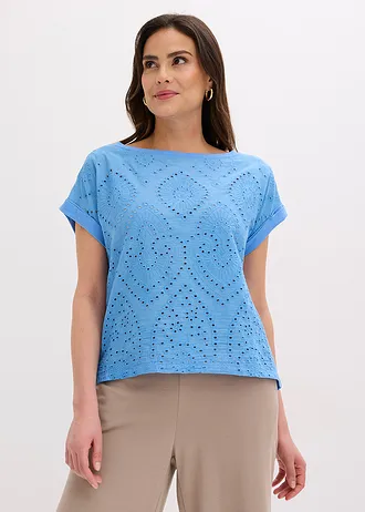 T-shirt à broderies anglaises, Couleur: bleu moyen