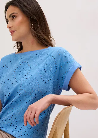Shirt met broderie anglaise • middenblauw • bonprix online shop