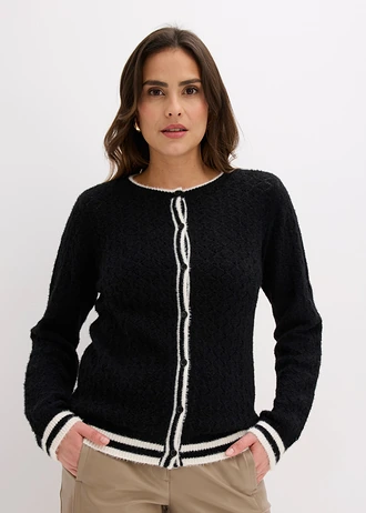 Gilet en maille poilue ajourée, Couleur: noir-écru