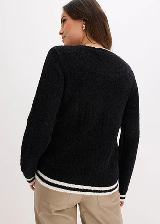 Gilet en maille poilue ajourée, Couleur: noir-écru
