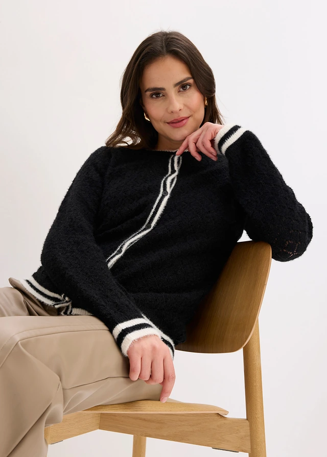 Gilet en maille poilue ajourée • noir-écru • product-page.page-title-suffix