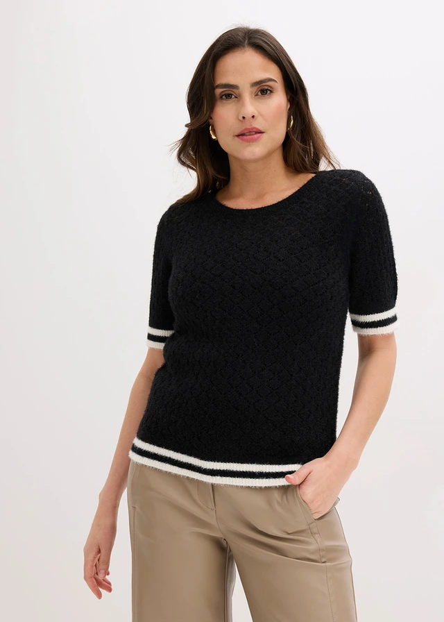 Pull ajouré en maille poilue, Couleur: noir-écru