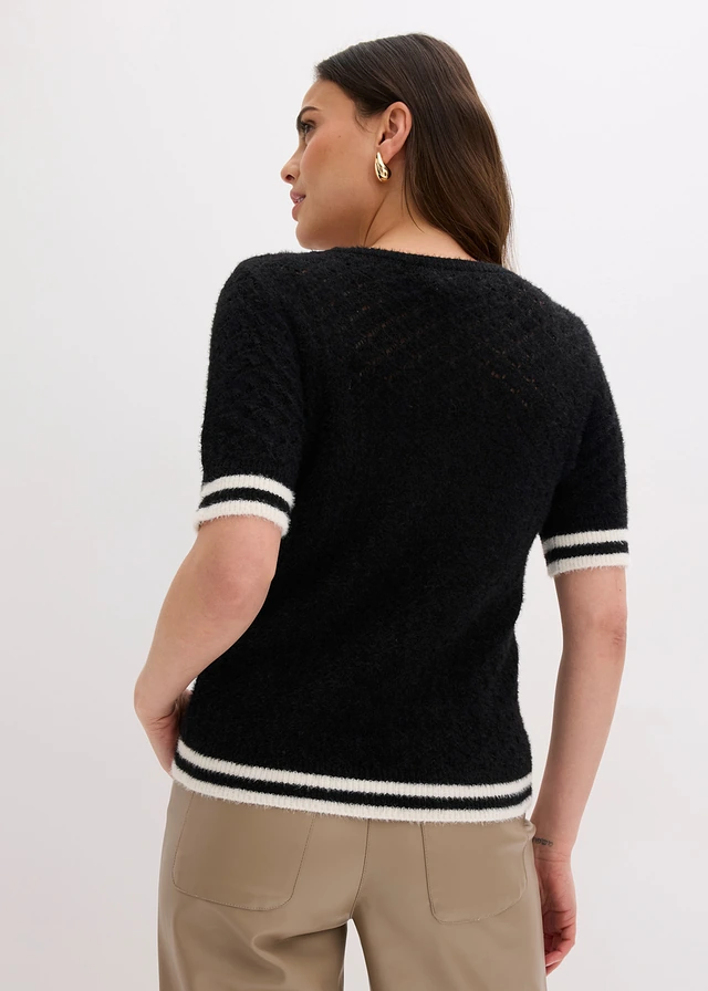 Pull ajouré en maille poilue, Couleur: noir-écru