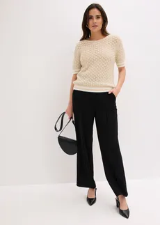 Pulover ajurat cu fir moale și pufos, culoare: bej nisipiu mat-ecru