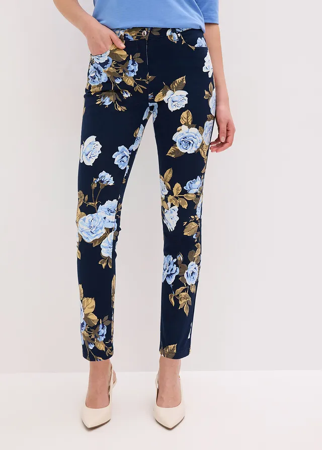Pantaloni 7/8 cu stretch, din bumbac • bleumarin floral • magazin bonprix