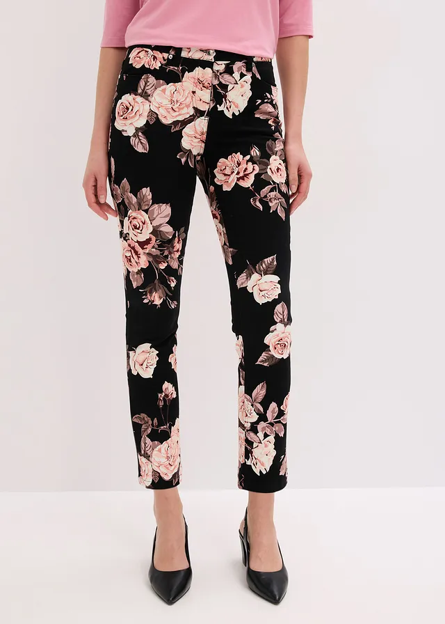 Pantalon 7/8 en coton extensible, Couleur: noir-rose clair floral