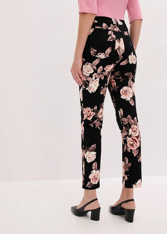 Pantalon 7/8 en coton extensible, Couleur: noir-rose clair floral