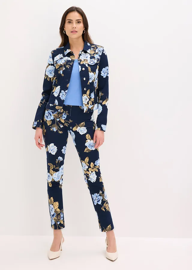 7/8 stretchbroek van katoen, Kleur: donkerblauw gebloemd