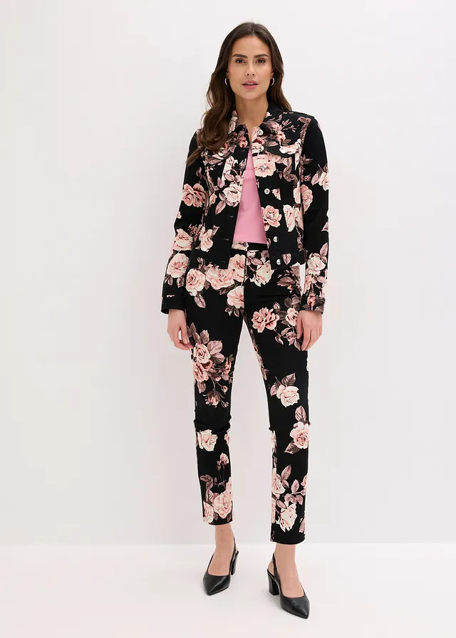 Pantalon 7/8 en coton extensible, Couleur: noir-rose clair floral