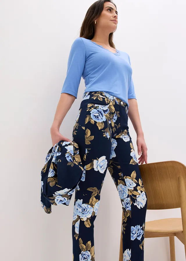 Pantaloni 7/8 cu stretch, din bumbac • bleumarin floral • magazin bonprix