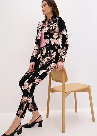 Pantaloni 7/8 cu stretch, din bumbac • negru-roz deschis floral • magazin bonprix