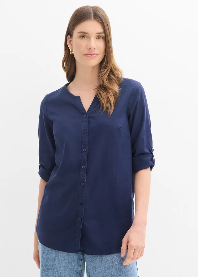 Blouse met linnen, 3/4 mouw • donkerblauw • product-page.page-title-suffix