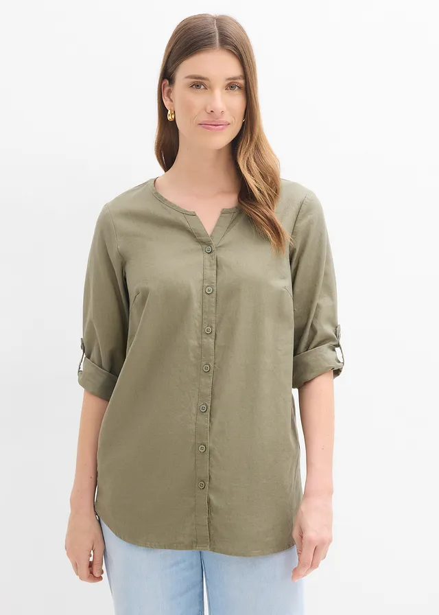 Chemisier en lin mélangé, manches 3/4, Couleur: olive