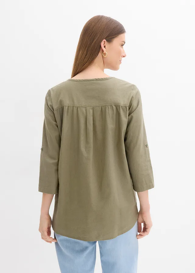 Blouse met linnen, 3/4 mouw • olijfgroen • product-page.page-title-suffix