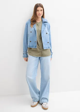 Blouse met linnen, 3/4 mouw, Kleur: olijfgroen