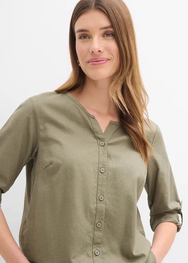 Blouse met linnen, 3/4 mouw • olijfgroen • product-page.page-title-suffix