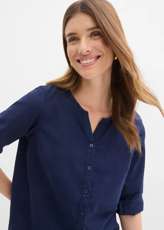 Blouse met linnen, 3/4 mouw • donkerblauw • product-page.page-title-suffix
