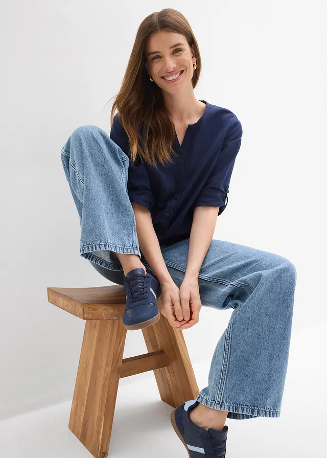 Blouse met linnen, 3/4 mouw • donkerblauw • product-page.page-title-suffix