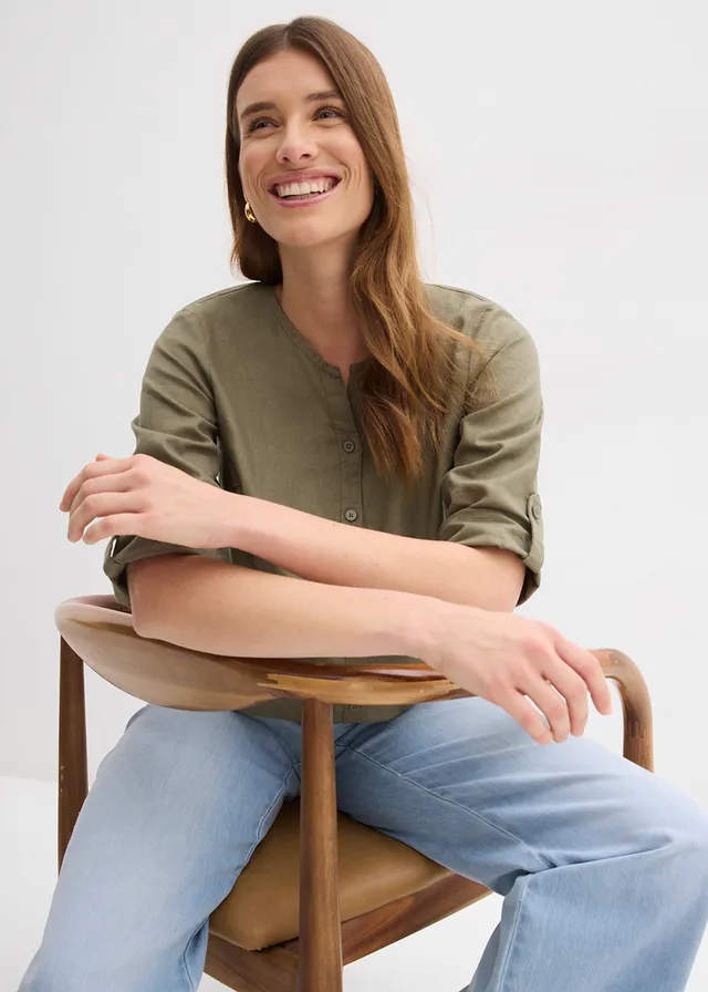 Blouse met linnen, 3/4 mouw • olijfgroen • product-page.page-title-suffix