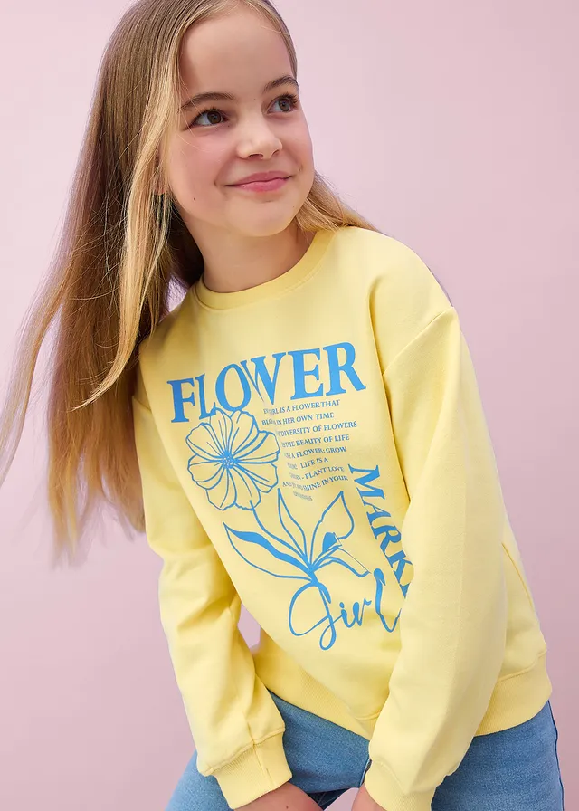 Sweater van biologisch katoen • lichtgeel-middenblauw met print • product-page.page-title-suffix