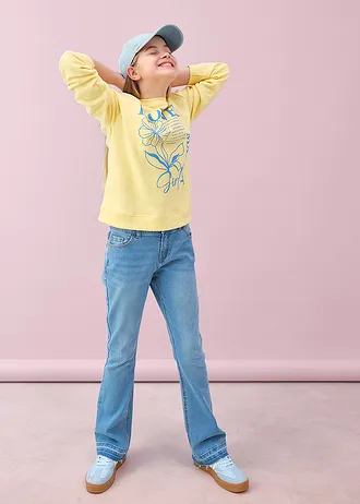 Sweater van biologisch katoen • lichtgeel-middenblauw met print • bonprix online shop