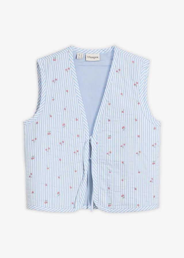 Vestă matlasată cu broderie florală • bleu-alb cu dungi verticale • magazin bonprix