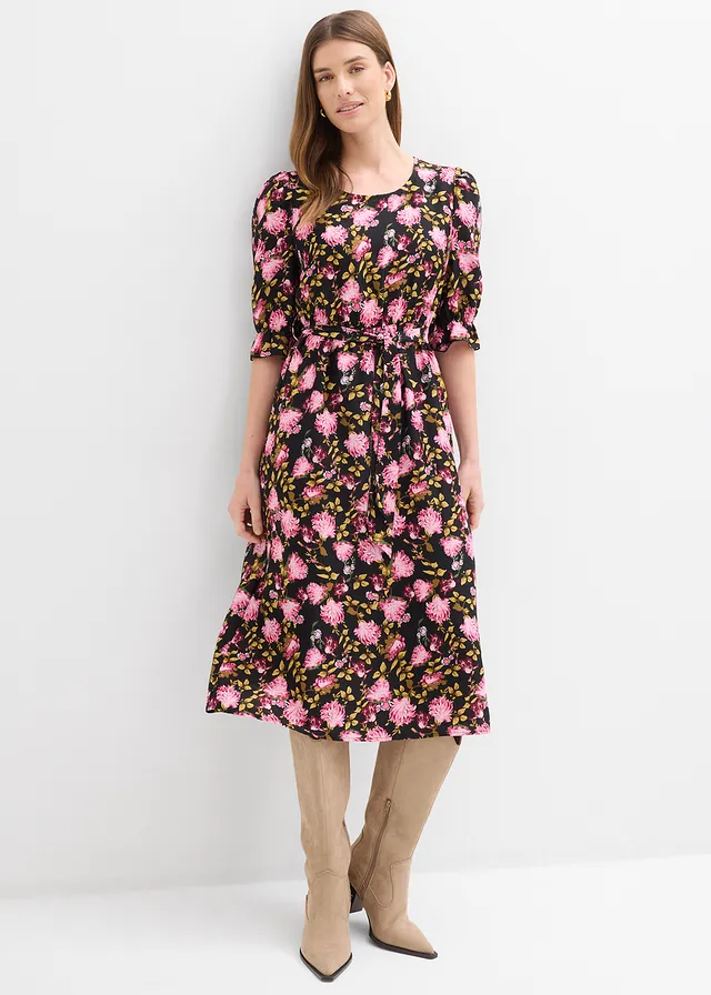 Midi jurk met pofmouwen, Kleur: zwart/kristalroze/matpink gebloemd