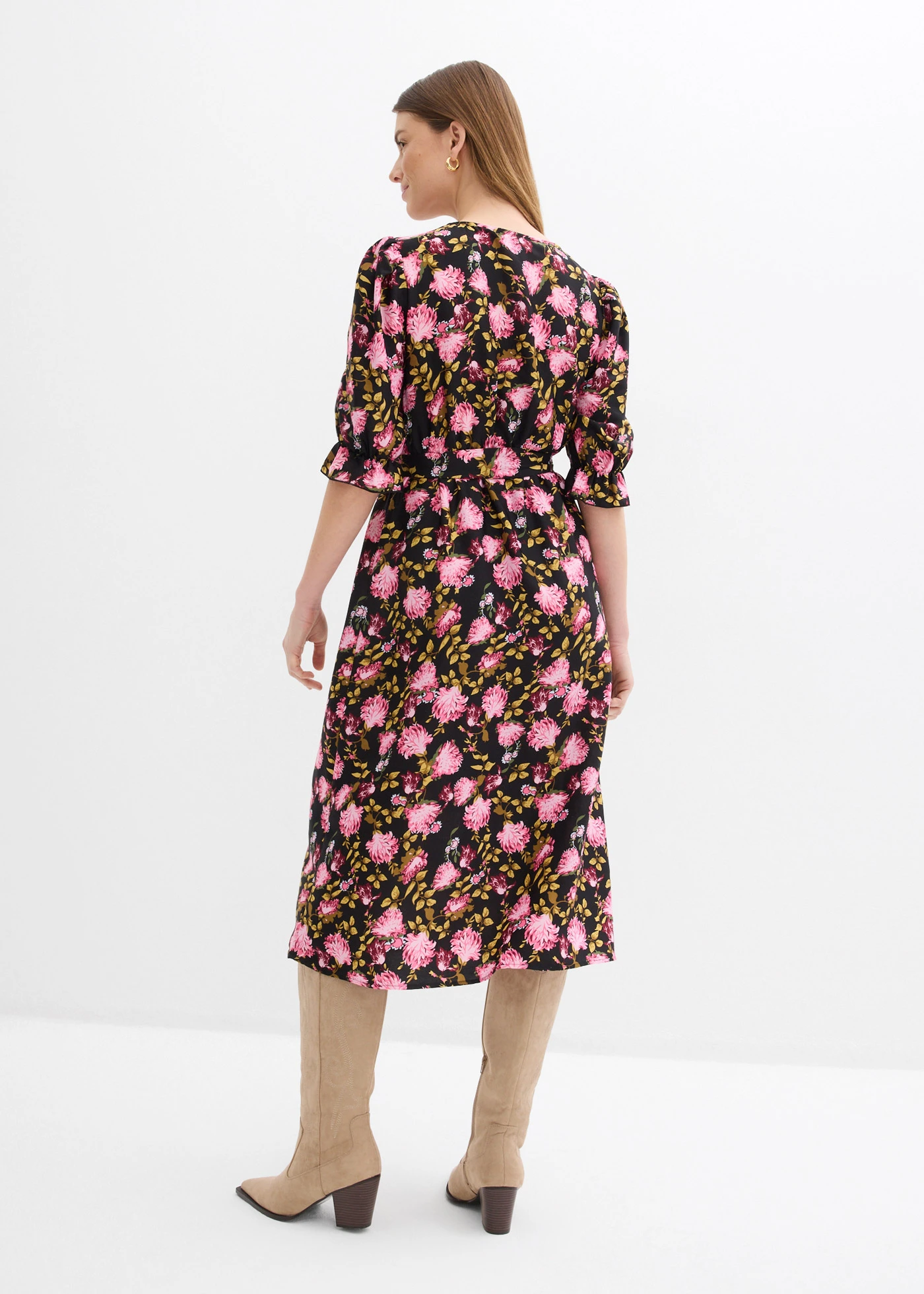 Midi jurk met pofmouwen • zwart/kristalroze/matpink gebloemd • bonprix online shop