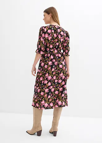 Midi jurk met pofmouwen • zwart/kristalroze/matpink gebloemd • bonprix online shop