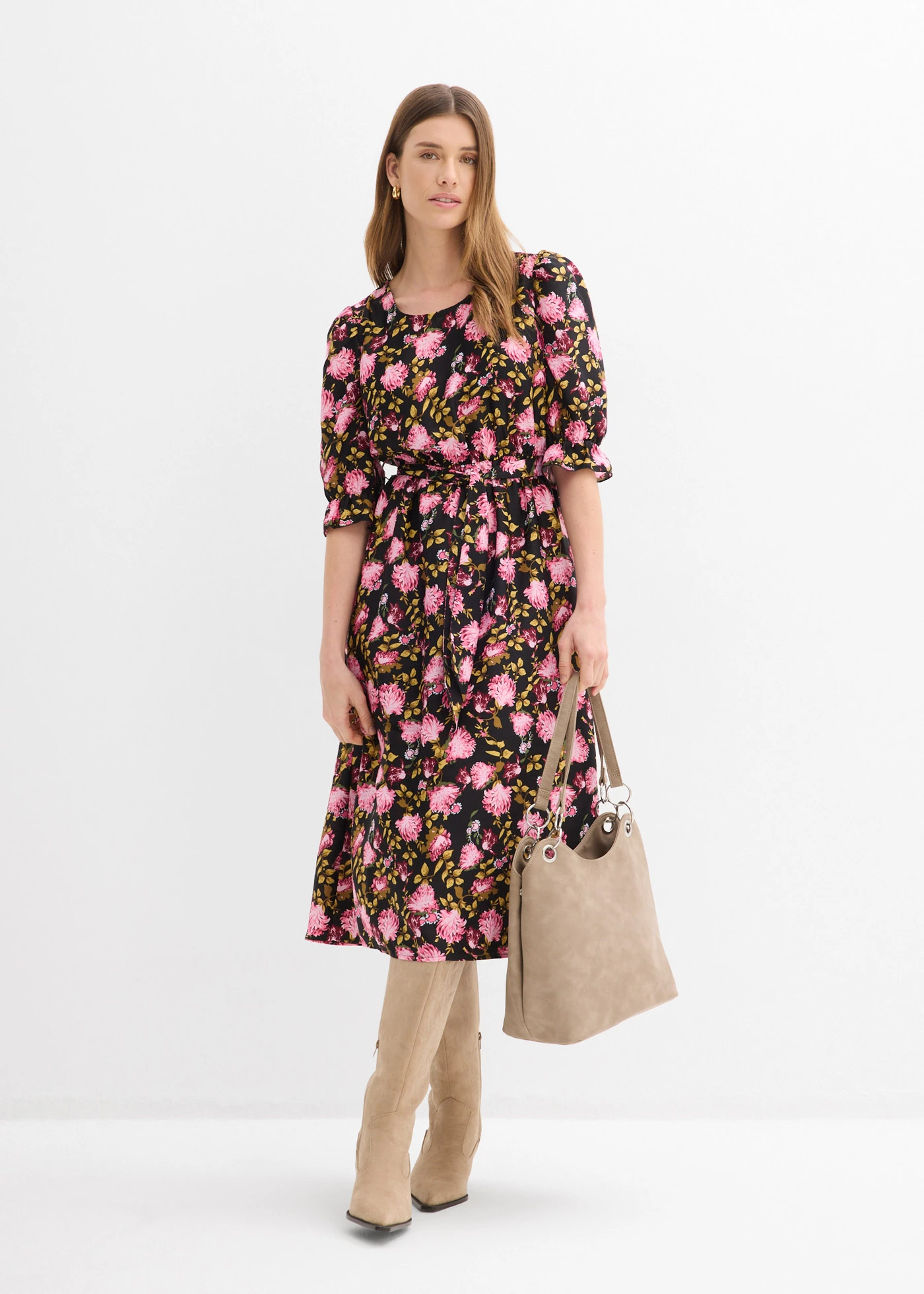 Midi jurk met pofmouwen • zwart/kristalroze/matpink gebloemd • bonprix online shop