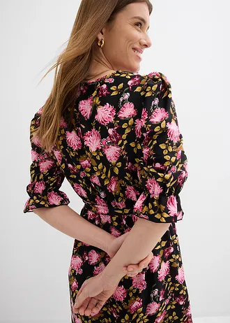 Midi ruha puffos ujjakkal • fekete-kristály rózsaszín-matt pink virágmintás • bonprix áruház
