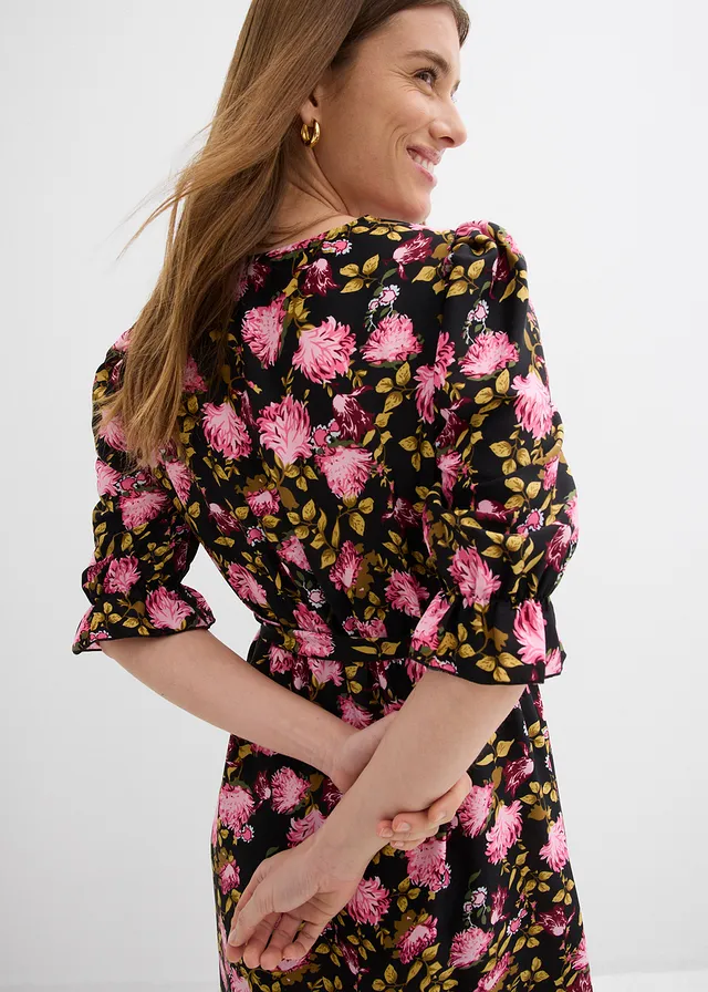 Robe midi à manches bouffantes • noir-rose cristal-rose mat floral • product-page.page-title-suffix