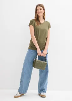 Boxy shirt, korte mouw, Kleur: donkerolijfgroen