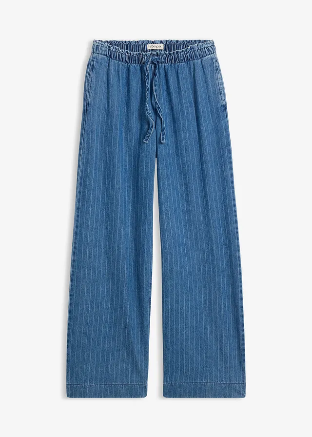 Jean large à taille entièrement élastiquée, coton, Couleur: bleu stone rayé