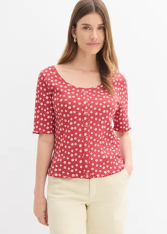 Geribd shirt met bloemenprint, halflange mouw • kersenrood/wolwit gebloemd • bonprix online shop