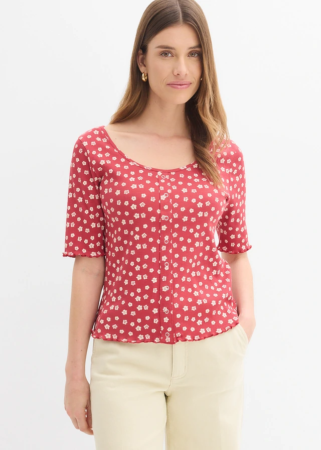 T-shirt côtelé à imprimé floral, manches coude • rouge cerise-écru floral • product-page.page-title-suffix
